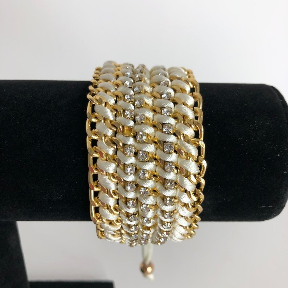 Wide Cuff Crochet Rhinestone Chunky Chain Adjustable Bracelet Gold Tone